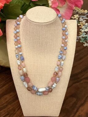 Double-Strand Pastel Glass Bead Necklace in Pink and Blue